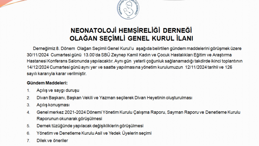 NEONATOLOJİ HEMŞİRELİĞİ DERNEĞİ OLAĞAN SEÇİMLİ GENEL KURUL İLANI